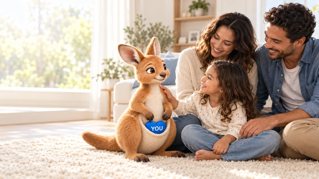 Photorealistic brand scene of a family together with Roo in a sunlit home